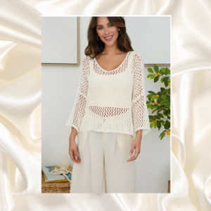 Long Sleeve V-Neck Tunic Cotton Crochet Top