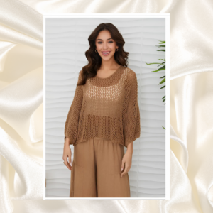 Milio Milano Crochet Long Sleeve Top Tunic Mocha