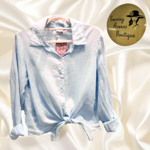 Top Light Blue Blouse Button Up Tie Linen Made in USA