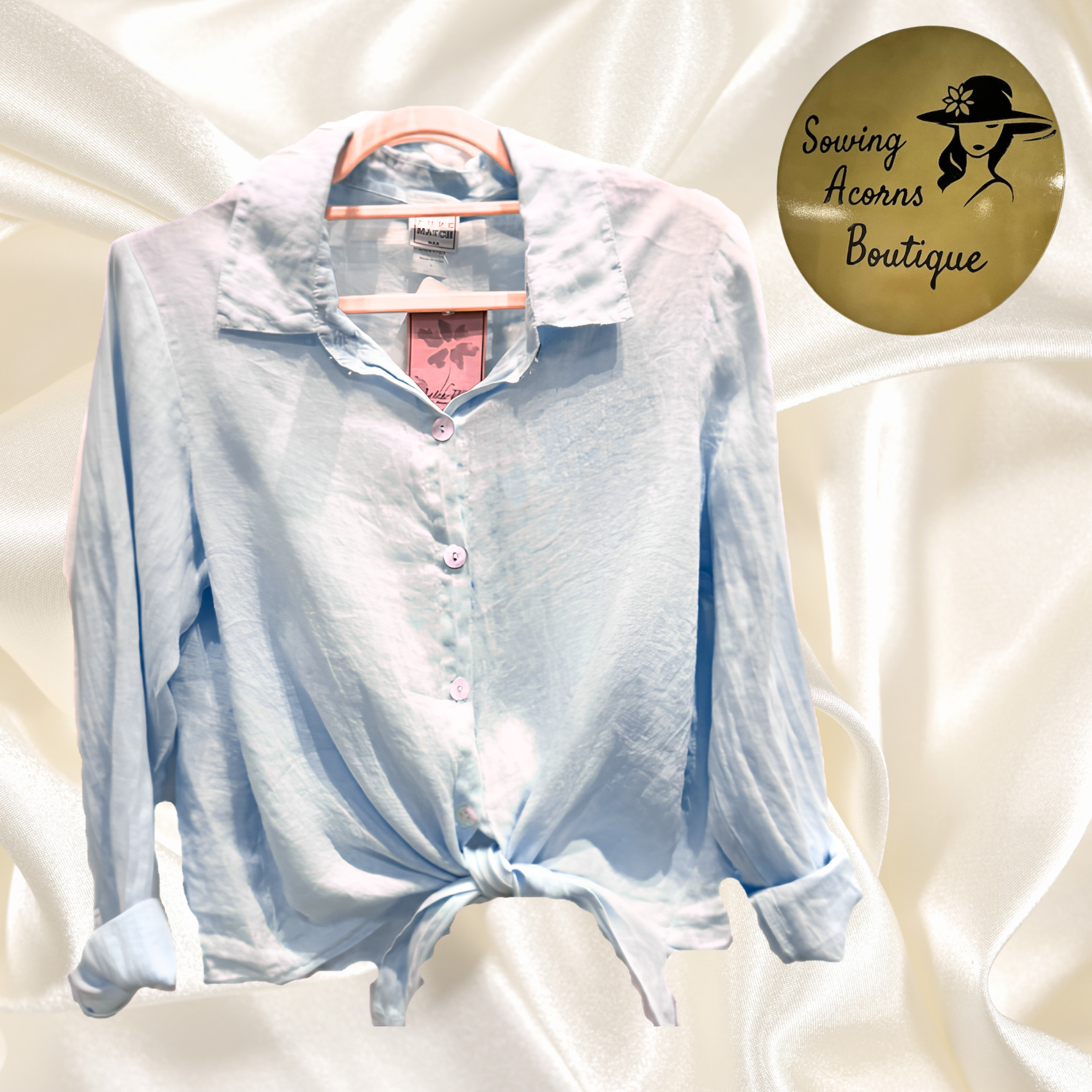 100% linen top light blue button up tie front Sowing Acorns Boutique