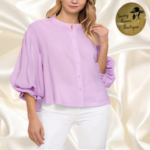 Top Lavender Puff Sleeves Button Front