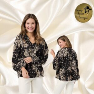 Top Blouse Long Sleeve Button Up Black White Print