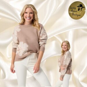 Sweater Mock Neck Tan with Cream Flowers