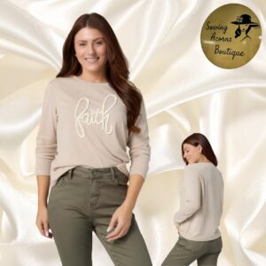 Top Long Sleeve Beige with Faith Graphic in White
