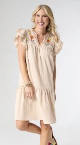Dress Tan Flutter Sleeve Embroidery