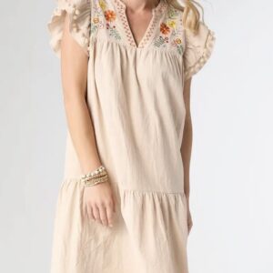 Dress Tan Flutter Sleeve Embroidery